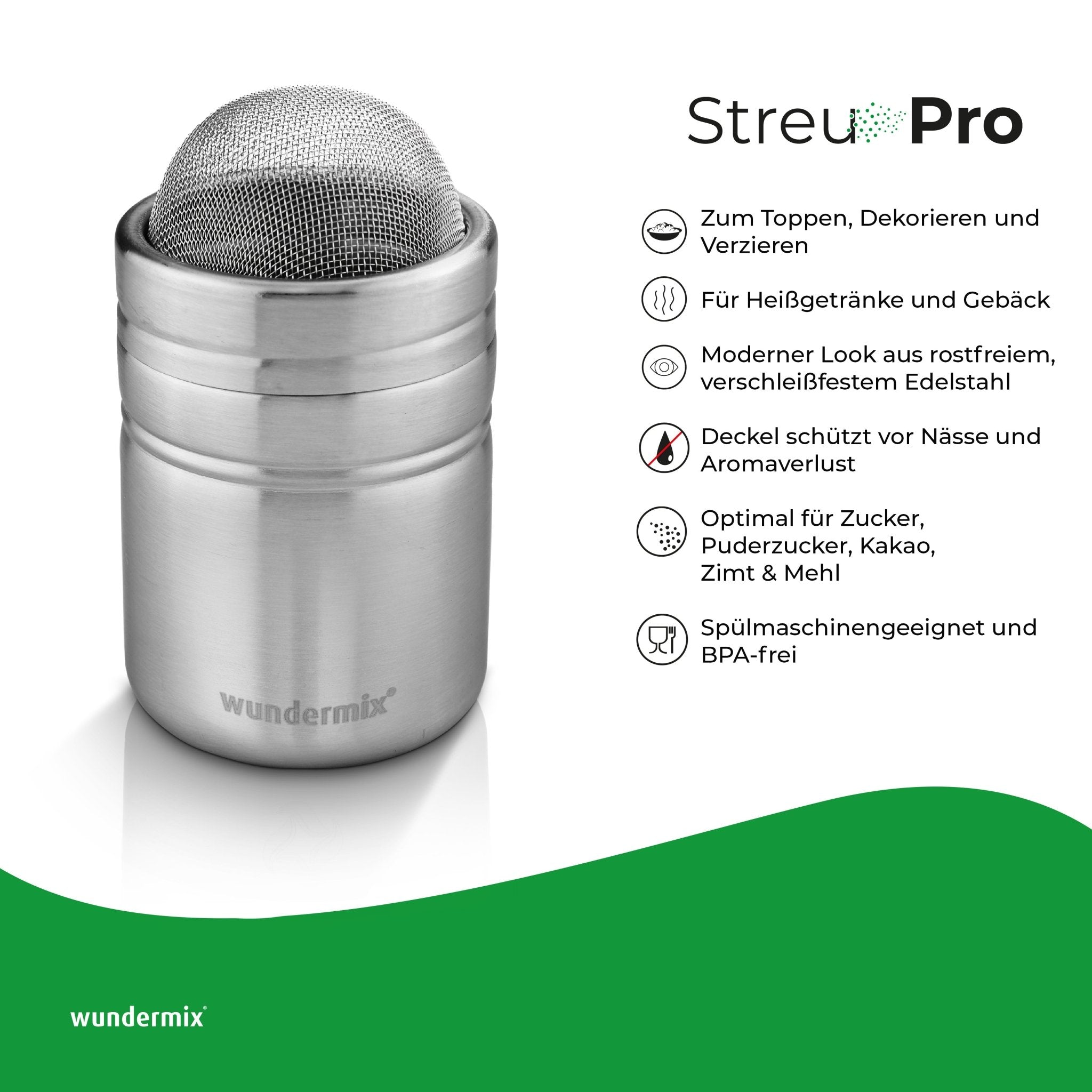 StreuPro | Edelstahl - Streuer für Mehl, Puderzucker, Kakaopulver, Zimtzucker - Wundermix GmbH
